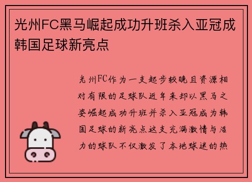光州FC黑马崛起成功升班杀入亚冠成韩国足球新亮点